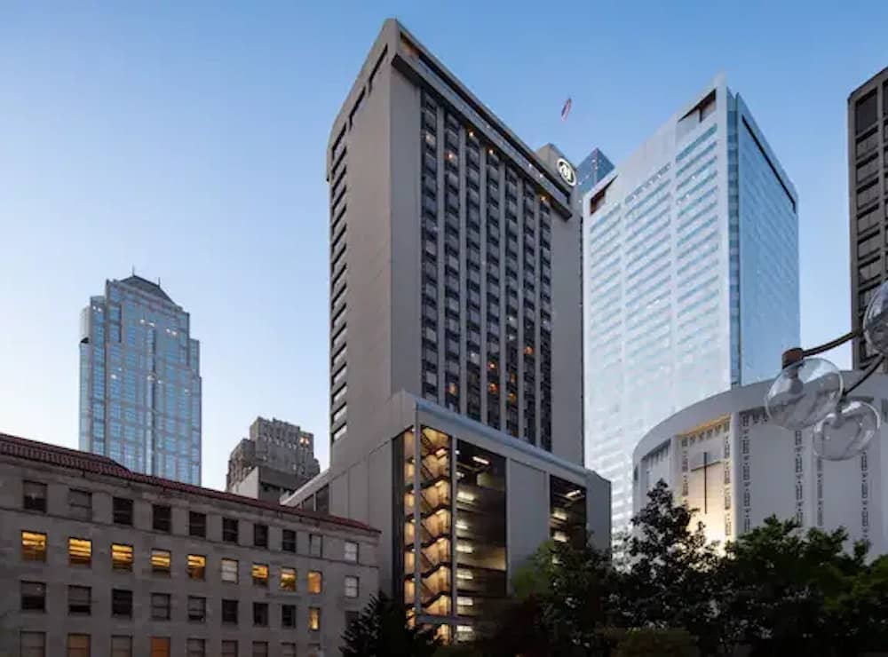 hilton downtown seattle exterior at dusk